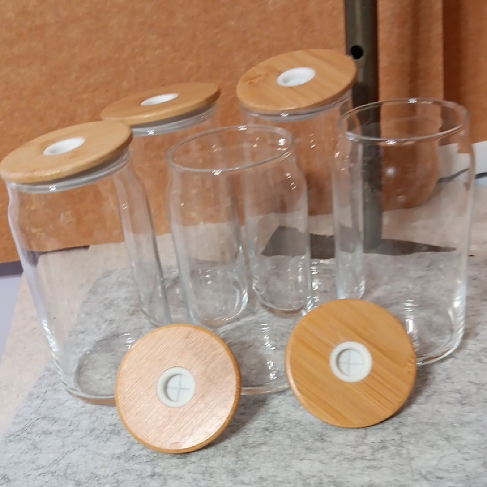Set of 5 Glass Jars with Wooden Lids.
